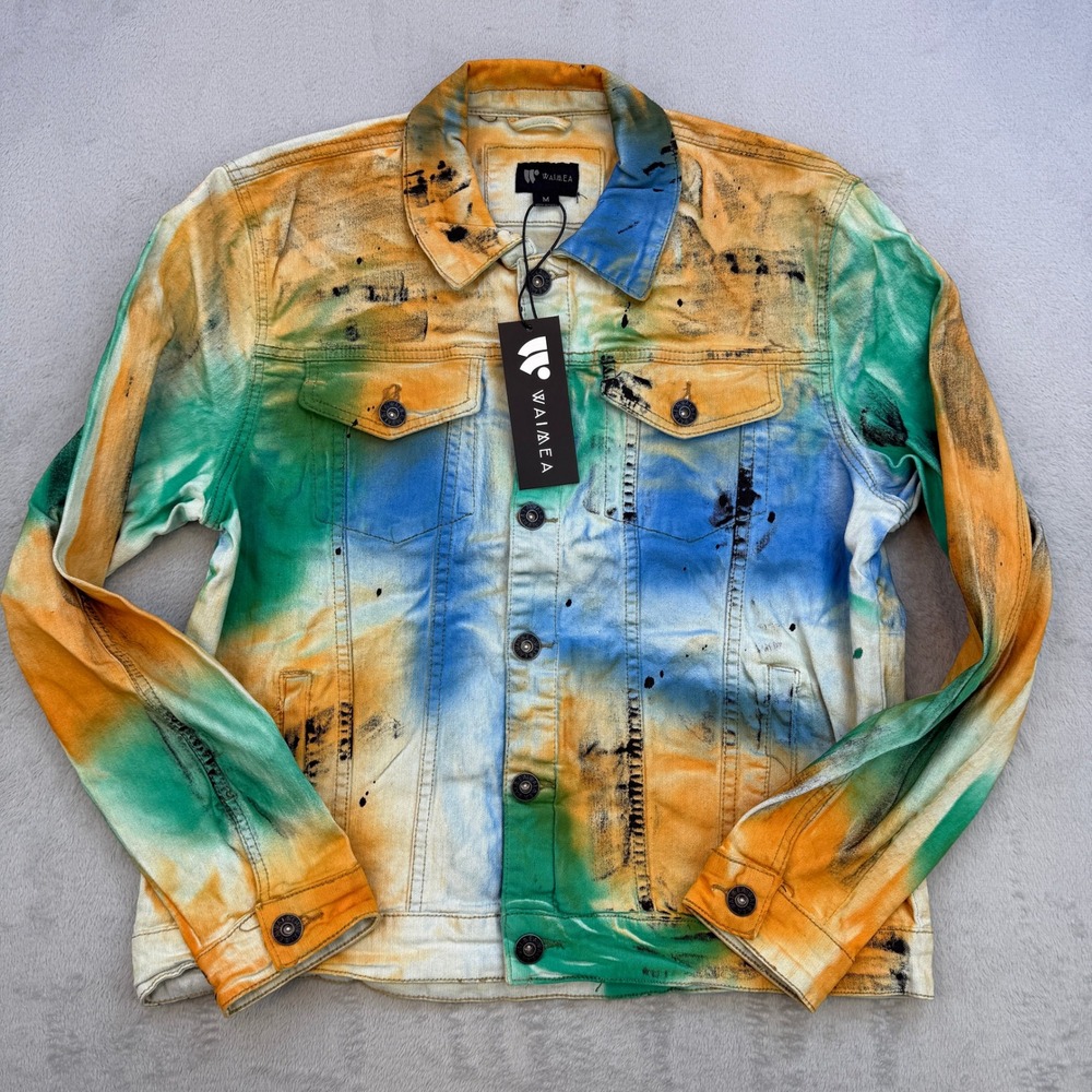 Waimea Denim Jacket Mens Medium Multicolor Tie Dye Paint Splatter Streetwear New